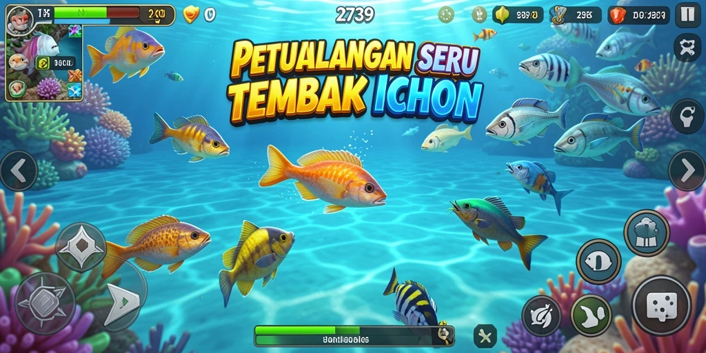 Screenshot gameplay menarik dari 2739 yang menunjukkan tindakan menembak ikan.
