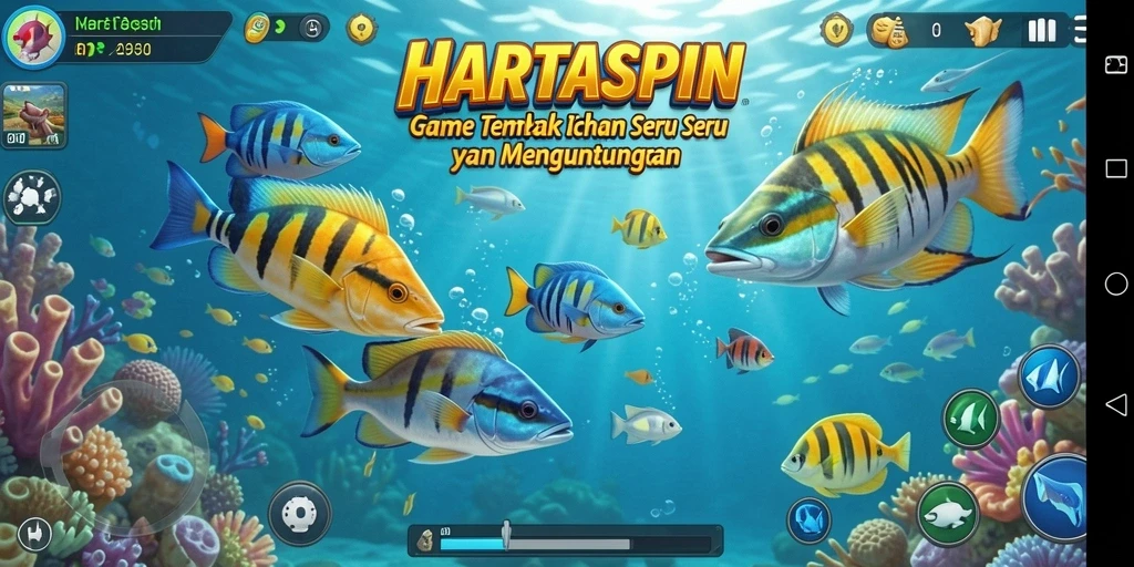 Tangkapan layar HARTASPIN dengan aksi menembak ikan yang menantang.