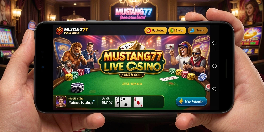 Screenshot gameplay MUSTANG77 menunjukkan dealer yang ramah dan interaksi pemain.