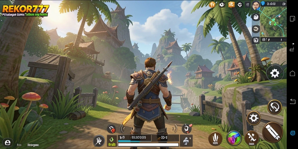 Screenshot menunjukkan pemain yang menjelajahi dunia terbuka dengan elemen petualangan yang kaya.
