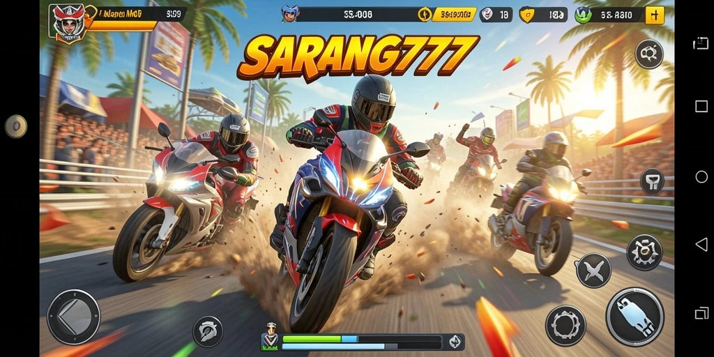 Tampilan gameplay SARANG777 dengan motor balap yang mengesankan.