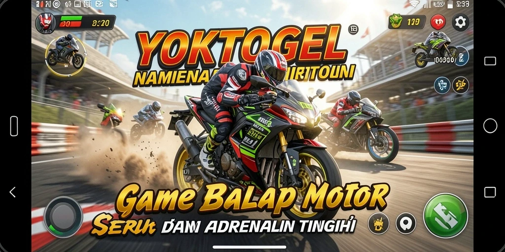 Tampilan gameplay seru di YOKTOGEL dengan motor balap yang sedang melaju kencang.